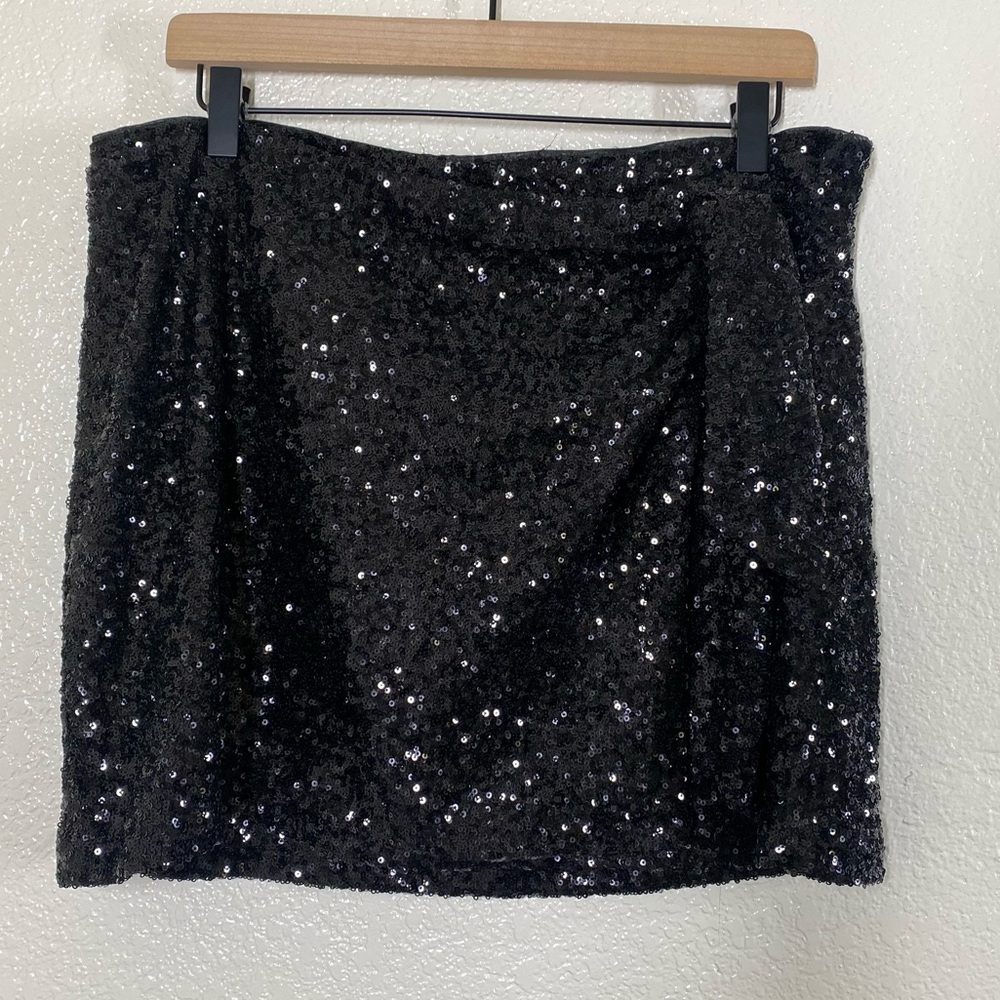 House of Harlow Skirt Black Sequin Faux Wrap Side Tie Mini Glam Lined